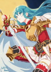 Rule 34 | 1girl, 2018, armor, blue eyes, blue hair, breastplate, dated, earrings, eirika (fire emblem), elbow gloves, fingerless gloves, fire emblem, fire emblem: the sacred stones, floating hair, full moon, gloves, hair between eyes, holding, holding sword, holding weapon, jacket, jewelry, long hair, miniskirt, moon, nintendo, parted lips, pleated skirt, red gloves, red jacket, red thighhighs, short sleeves, signature, sketch, skirt, solo, sword, t keima, thighhighs, very long hair, weapon, white skirt