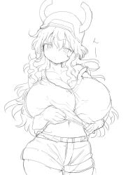 Rule 34 | 1girl, breasts, cleavage, clothes lift, cool-kyou shinja, dragon girl, dragon horns, facing viewer, female focus, hat, horns, huge breasts, japanese text, kobayashi-san chi no maidragon, looking at viewer, lucoa (maidragon), navel, shirt lift, shorts, simple background, sketch, solo, standing, straight-on, white background