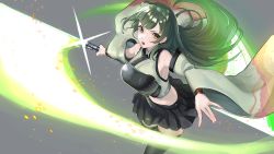 Rule 34 | 1girl, absurdres, armpits, asagon007, bare shoulders, black legwear, black skirt, crop top, detached sleeves, diffraction spikes, energy sword, green eyes, green hair, grey background, grey shirt, highres, lightsaber, long hair, long sleeves, looking at viewer, midriff, miniskirt, muneate, open mouth, outstretched arms, pleated skirt, shirt, skirt, solo, sword, touhoku zunko, v-shaped eyebrows, voiceroid, weapon, wide sleeves
