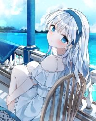 Rule 34 | 1girl, absurdres, bare shoulders, blue eyes, blue hairband, blue sky, chair, closed mouth, cloud, commentary, day, dress, expressionless, floral print, from behind, hairband, highres, hugging own legs, lens flare, long hair, looking at viewer, looking back, moka 01, ocean, off-shoulder dress, off shoulder, original, outdoors, railing, short dress, short sleeves, silver hair, sitting, sky, solo, symbol-only commentary, white dress