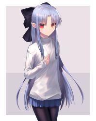 Rule 34 | 1girl, absurdres, bad id, bad pixiv id, black bow, black pantyhose, blue skirt, border, bow, cowboy shot, grey background, hair between eyes, hair bow, hair intakes, highres, ji-logg, len (tsukihime), long hair, long sleeves, melty blood, miniskirt, pantyhose, pleated skirt, pointy ears, red eyes, silver hair, skirt, sleeves past wrists, solo, standing, sweater, tsukihime, very long hair, white border, white sweater