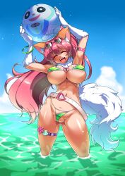 Rule 34 | 1girl, absurdres, animal ears, animal hands, arms up, ball, bikini, blue sky, blush, breasts, cameltoe, cat ears, cat girl, cat tail, closed eyes, covered erect nipples, curvy, fang, fangs, fat mons, green bikini, happy, heart, highleg, highleg leotard, highres, large breasts, leotard, long hair, looking at viewer, micro bikini, navel, ocean, open mouth, partially visible vulva, perisie (star ocean), pink hair, ponytail, ryoi, shiny skin, simple background, sky, smile, standing, star ocean, star ocean first departure, sunglasses on head, swimsuit, tail, thong, thong bikini, very long hair, water, wet, wide hips