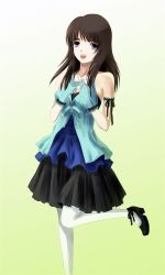 Rule 34 | 1990s (style), 1girl, bare shoulders, blue eyes, brown hair, dress, female focus, final fantasy, final fantasy viii, gloves, gradient background, highres, jewelry, long hair, necklace, open mouth, retro artstyle, rinoa heartilly, skirt, solo, zzwei