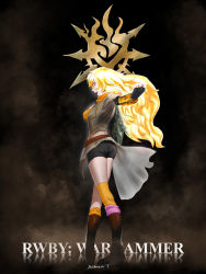 Rule 34 | 1girl, ass, blonde hair, boots, breasts, coat, crossover, dark background, darkbearlab, fingerless gloves, fog, games workshop, gloves, glyph, highres, large breasts, legs, long hair, looking at viewer, looking back, open mouth, red eyes, rwby, shiny skin, short shorts, shorts, sideboob, smile, solo, steam, thighhighs, very long hair, warhammer, warhammer 40k, weapon, yang xiao long