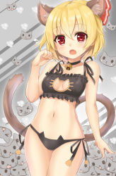 Rule 34 | &gt; &lt;, 1girl, :3, animal ears, bell, black bra, black panties, bra, breasts, cat, cat cutout, cat ear panties, cat ears, cat lingerie, cat teaser, chiroshiron, choker, cleavage cutout, clothing cutout, collarbone, closed eyes, fang, hair ribbon, highres, jingle bell, kemonomimi mode, looking at viewer, meme attire, navel, neck bell, one eye closed, open mouth, panties, paw pose, paw print, red eyes, ribbon, rumia, side-tie panties, small breasts, solo, too many, too many cats, touhou, underwear, underwear only
