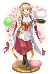 Rule 34 | 1girl, :&gt;, :d, apricot (flower knight girl), black hairband, blonde hair, boots, bow, brown eyes, brown footwear, creature, cross-laced footwear, dabadhi, dango, dress, flower, flower knight girl, food, full body, hairband, highres, japanese clothes, kimono, lace-up boots, looking at viewer, open mouth, petals, red bow, red dress, sanshoku dango, short hair, smile, solo, standing, tea, wagashi, waitress, white background, white kimono