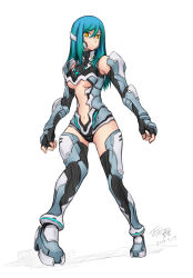 Rule 34 | 1girl, armor, blue hair, breasts, check copyright, clothing cutout, copyright request, dated, elbow gloves, fingerless gloves, full body, gloves, headgear, highres, long hair, looking at viewer, medium breasts, navel, navel cutout, original, science fiction, shoes, signature, simelu, simple background, solo, standing, thighhighs, underboob, white background, yellow eyes