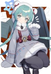 Rule 34 | 1girl, absurdres, animal ears, animal hands, animal hood, arm support, bear ears, black footwear, black pantyhose, blue archive, blush, coat, full body, fur trim, gloves, green eyes, green hair, halo, haruteru, highres, hood, hood up, jacket, long hair, long sleeves, looking at viewer, momiji (blue archive), notice lines, pantyhose, paper, parted lips, paw gloves, shoes, solo, squatting, white jacket