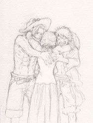 Rule 34 | 1girl, 2boys, brothers, chikama (minka), east blue, graphite (medium), makino (one piece), monkey d. luffy, multiple boys, one piece, outline, portgas d. ace, siblings, traditional media