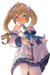 Rule 34 | 1girl, barbara (genshin impact), blonde hair, blue eyes, blush, bow, breasts, closed mouth, clothes lift, commentary, cowboy shot, detached sleeves, dress, dress lift, drill hair, embarrassed, genshin impact, greentanuki, hat, highres, large bow, lifting own clothes, long hair, looking at viewer, medium breasts, pantyhose, simple background, solo, tareme, twin drills, twintails, wavy mouth, white background, white bow, white dress, white hat, white pantyhose