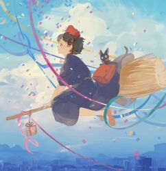 Rule 34 | 1girl, absurdres, bag, black cat, black eyes, black hair, black robe, blue sky, bow hairband, box, broom, broom riding, brown footwear, cat, city, cityscape, cloud, commentary, confetti, flying, from side, full body, gift, gift box, hairband, highres, jiji (majo no takkyuubin), kiki (majo no takkyuubin), loafers, looking ahead, majo no takkyuubin, midair, mountain, procreate (medium), profile, red bag, red hairband, robe, shoes, short hair, shoulder bag, sky, smile, solo, symbol-only commentary, witch, yamasakiu