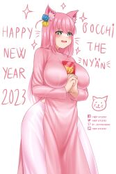 Rule 34 | + +, 1girl, absurdres, animal ears, artist name, between breasts, bocchi the rock!, breasts, cat ears, commentary, cube hair ornament, dress, english commentary, gotoh hitori, green eyes, hair ornament, happy new year, hiep studio, highres, impossible clothes, impossible dress, kemonomimi mode, new year, one side up, own hands together, pink dress, pink hair, solo, vietnamese dress