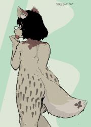 Rule 34 | 1girl, aliasing, black eyes, black hair, dog, furry, furry female, glasses, licking, looking at viewer, looking back, nude, paru, short hair, simple background, solo, tongue, tongue out