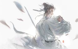 Rule 34 | 1boy, alcohol, arm behind back, chinese clothes, cup, facial hair, floating clothes, floating hair, from behind, goatee, hair bun, hand up, hanfu, holding, holding cup, holding sword, holding weapon, jian (weapon), jiangnan baijingtu, li bai, long sleeves, looking at viewer, male focus, mustache, profile, reverse grip, robe, sash, sideways glance, simple background, single hair bun, smile, solo, sword, updo, upper body, weapon, white background, white robe, white theme, wind, yinertang