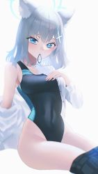 Rule 34 | 1girl, absurdres, animal ear fluff, animal ears, black skirt, blue archive, blue eyes, breasts, bright pupils, clothes pull, competition swimsuit, covered navel, cross hair ornament, dress shirt, hair ornament, hair tie, halo, hand on own chest, highres, kazane-wind, long sleeves, looking at viewer, medium breasts, mismatched pupils, mouth hold, off shoulder, one-piece swimsuit, open clothes, open shirt, plaid, plaid skirt, shiroko (blue archive), shiroko (swimsuit) (blue archive), shirt, simple background, single bare shoulder, sitting, skirt, skirt pull, solo, swimsuit, unbuttoned, unbuttoned shirt, white background, wolf ears