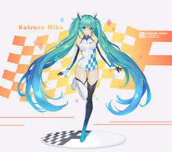 Rule 34 | 1girl, absurdres, bare shoulders, blue eyes, blue hair, breasts, character name, choker, dramz, elbow gloves, full body, gloves, hatsune miku, highres, leotard, long hair, looking at viewer, medium breasts, race queen, racing, racing miku, smile, solo, standing, standing on one leg, thighhighs, twintails, very long hair, vocaloid
