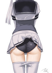 Rule 34 | 1girl, artist logo, artist name, ass, back, black panties, black sailor collar, blouse, clothes pull, corset, gloves, hachimaki, head out of frame, headband, highres, kantai collection, one side up, panties, pantyhose, pantyhose pull, sailor collar, school uniform, shirt, skirt, solo, suzutsuki (kancolle), t2r, underwear, white gloves, white hair, white pantyhose, white shirt