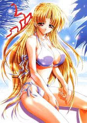 Rule 34 | 1girl, asuka keisuke, bikini, blonde hair, highres, lunar wing, red eyes, shirufana, side-tie bikini bottom, solo, swimsuit