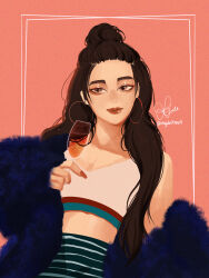 Rule 34 | 1girl, bra, brown eyes, brown hair, commentary, crop top, cup, drinking glass, earrings, english commentary, feather boa, half updo, highres, holding, holding cup, hoop earrings, jewelry, joy (red velvet), k-pop, looking to the side, marydale, real life, red nails, red velvet (group), signature, simple background, solo, stud earrings, twitter username, underwear, wine glass