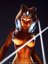 Rule 34 | 1girl, ahsoka tano, alien, blue eyes, blue hair, breasts, brown lips, colored skin, commentary, completely nude, dark nipples, diadem, dual wielding, energy sword, english commentary, facial mark, facial tattoo, forehead mark, highres, holding, japes, jedi, lightsaber, looking to the side, medium breasts, medium hair, multicolored hair, navel, nipples, nose, nude, orange skin, patreon username, solo, star wars, sword, tattoo, tentacle hair, togruta, toned, two-tone hair, upper body, watermark, weapon, web address, white hair