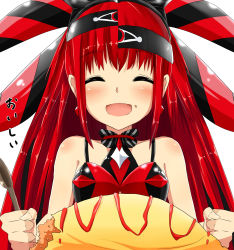 Rule 34 | 1girl, aka no ripika, bare shoulders, beatmania, beatmania iidx, bemani, blush, body blush, closed eyes, earrings, eating, food, food on face, hair ornament, happy, hat, highres, jewelry, long hair, omelet, omurice, open mouth, red hair, rice, rice on face, smile, solo, spoon, udongein, yamato (muchuu paradigm)