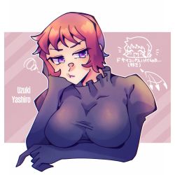 Rule 34 | 1girl, arm under breasts, blue eyes, blush, breasts, closed mouth, eyebrows, female focus, hand on own cheek, hand on own face, highres, hiyo qre, large breasts, lipstick, looking at viewer, makeup, pink hair, short hair, solo, subarashiki kono sekai, sweater, turtleneck, upper body, yashiro uzuki