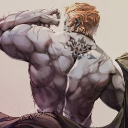 Rule 34 | 1boy, absurdres, arm up, back, back tattoo, biceps, colored skin, ear piercing, facing away, final fantasy, final fantasy xiv, from behind, grey skin, highres, jewelry, male focus, median furrow, mihira (tainosugatayaki), muscular, muscular male, neck tattoo, orange hair, piercing, roegadyn, scar, scar on arm, scar on back, scar on shoulder, short hair, sideburns, signature, solo, tattoo, too many, too many scars, upper body, warrior of light (ff14)