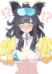 Rule 34 | !?, 1girl, absurdres, adapted costume, animal ears, areola slip, bare shoulders, bikini, bikini top only, black hair, blue archive, blue eyes, blush, breasts, cheerleader, cleavage, covered erect nipples, dice choco, dog ears, dog girl, eyewear on head, full-face blush, goggles, goggles on head, halo, hibiki (blue archive), hibiki (cheer squad) (blue archive), highres, large breasts, long hair, looking at viewer, magatama, micro bikini, millennium cheerleader outfit (blue archive), navel, o o, open mouth, pom pom (cheerleading), simple background, solo, string bikini, sunglasses, surprised, swimsuit, tail, upper body, white background, white bikini
