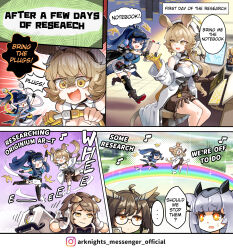 Rule 34 | 1boy, 4girls, animal ears, arknights, astgenne (arknights), closed eyes, crazy smile, dog boy, dog ears, dorothy (arknights), electric plug, english text, excited, glasses, gloves, greyy (arknights), greyy the lightningbearer (arknights), highres, hm (hmongt), keyboard (computer), laboratory, mouse ears, mouse girl, mouse tail, multiple girls, official art, originium (arknights), owl ears, owl girl, paper stack, ptilopsis (arknights), rainbow, silence (arknights), smile, speech bubble, sweatdrop, tablet pc, tail