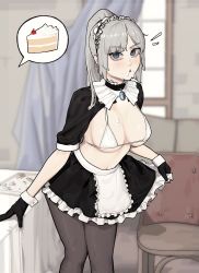 Rule 34 | 1girl, absurdres, bikini, black gloves, black skirt, blue eyes, blush, borrowed character, breasts, cake, chair, character request, commentary, curtains, food, food on face, gloves, grey hair, grey pantyhose, highres, holding, holding clothes, holding skirt, indoors, long hair, looking at viewer, maid, maid headdress, navel, original, pantyhose, ponytail, rusellunt, short sleeves, skirt, solo, standing, stomach, swimsuit, symbol-only commentary, table, white bikini, window