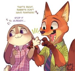 Rule 34 | 1boy, 1girl, animal ears, claws, disney, english text, fox, furry, judy hopps, kab00m chuck, looking away, necktie, nick wilde, open mouth, rabbit, rabbit ears, signature, simple background, tail, white background, zootopia