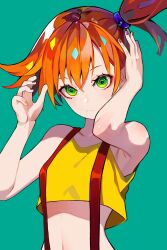 Rule 34 | 1girl, armpits, asymmetrical hair, bare arms, blush, breasts, creatures (company), eyelashes, game freak, gen 1 pokemon, green eyes, highres, looking at viewer, misty (pokemon), nintendo, one eye closed, orange hair, pokemon, pokemon (anime), pokemon (classic anime), ponytail, shirt, short hair, side ponytail, simple background, sleeveless, sleeveless shirt, small breasts, smile, solo, suspenders, tor (torkrub111), upper body, white background, wink, yellow shirt