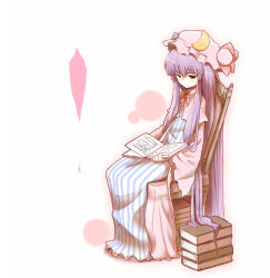 Rule 34 | 1girl, book, chair, crescent, crescent moon, daitai konna kanji, female focus, full body, hat, long hair, moon, open book, patchouli knowledge, purple hair, reading, red eyes, sitting, solo, touhou, very long hair