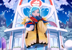 Rule 34 | 1boy, absurdres, blue mittens, building, commentary request, creatures (company), eyelashes, game freak, green eyes, green hair, grusha (pokemon), highres, holding, holding clothes, holding scarf, jacket, long sleeves, looking at viewer, looking down, male focus, mittens, motu (pixiv10829964), night, nintendo, outdoors, pants, pokemon, pokemon sv, scarf, sky, solo, striped clothes, striped scarf, tongue, tongue out, yellow jacket