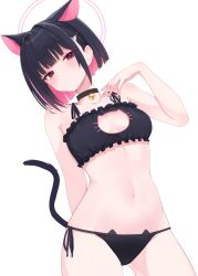 1girl absurdres animal_ears arm_behind_back bell black_bra black_choker black_hair black_panties blue_archive blush bra breasts cat_cutout cat_ears cat_girl cat_lingerie cat_tail choker cleavage_cutout clothing_cutout colored_inner_animal_ears colored_inner_hair commentary_request exiadoon hair_ornament halo hand_up highres jingle_bell kazusa_(blue_archive) looking_at_viewer medium_breasts meme_attire multicolored_hair navel neck_bell panties pink_hair pink_halo short_hair simple_background solo stomach tail underwear white_background