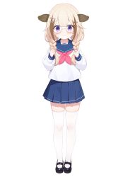 absurdres animal_ears blonde_hair braid brown_hair child glasses hair_ornament highres kan_shan_ting_yu long_hair long_sleeves looking_at_viewer mary_janes nijisanji purple_eyes sailor_collar school_uniform serafuku shiori_(virtuareal) shoes smile star_(symbol) star_hair_ornament thighhighs twin_braids virtual_youtuber virtuareal x_hair_ornament zettai_ryouiki