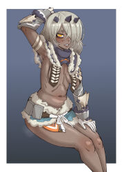 Rule 34 | 1girl, absurdres, arm up, armpits, blue background, blush, breasts, chinese commentary, commentary, commentary request, dark-skinned female, dark skin, ebonyxh, english commentary, eyes visible through hair, freckles, hair over one eye, hand on own leg, highres, looking at viewer, monster hunter (series), open mouth, ringed eyes, scar, scar on neck, short hair, simple background, small breasts, solaria (ebonyxh), steaming body, sweat, very sweaty, white background, white hair, yellow eyes