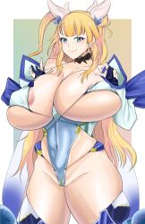 1girl blonde_hair breasts character_request cosplay galko highleg highleg_leotard highres huge_breasts leotard onizaki_kirara onizaki_kirara_(cosplay) revealing_clothes smile taimanin_(series) taimanin_rpgx thong_leotard wide_hips