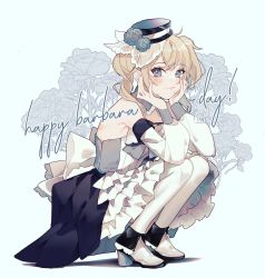 Rule 34 | 1girl, alternate costume, barbara (genshin impact), bare shoulders, blonde hair, blue eyes, blush, closed mouth, detached sleeves, dress, drill hair, frilled dress, frills, genshin impact, hands on own cheeks, hands on own face, happy birthday, hat, high heels, highres, looking at viewer, mini hat, mint-tan, pantyhose, smile, squatting, strapless, strapless dress, twin drills, white background