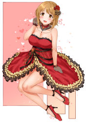 Rule 34 | 1girl, :d, absurdres, ankle ribbon, bare shoulders, black ribbon, blush, breasts, brooch, brown eyes, brown hair, cleavage, detached collar, dress, earrings, fishnet gloves, fishnets, flower, gloves, hair flower, hair ornament, hand up, heart, heart earrings, high heels, highres, idolmaster, idolmaster cinderella girls, jewelry, lace, lace-trimmed collar, lace-trimmed dress, lace trim, large breasts, leg ribbon, looking at viewer, mimura kanako, off shoulder, open mouth, red dress, red flower, red footwear, ribbon, short hair, sirurabbit, smile, solo, strapless, strapless dress