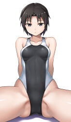 Rule 34 | 1girl, arm support, black one-piece swimsuit, breasts, commentary request, competition swimsuit, gluteal fold, grey eyes, hashi, looking at viewer, multicolored clothes, multicolored swimsuit, one-piece swimsuit, original, parted lips, short hair, small breasts, split, spread legs, swimsuit, thighs, white background, white one-piece swimsuit