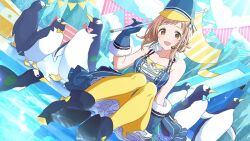 Rule 34 | 1girl, :d, alternate hairstyle, bare shoulders, bird, blue dress, blue gloves, blush, boots, breasts, brown eyes, brown hair, bunting, cleavage, collarbone, detached collar, dress, dutch angle, flag, fur trim, game cg, gloves, hair bun, hat, holding, holding flag, ice, idolmaster, idolmaster shiny colors, knees, light brown hair, looking at viewer, medium breasts, medium hair, official art, open mouth, penguin, sakuragi mano, sidelocks, single side bun, sitting, sleeveless, smile, solo, third-party source, water