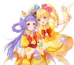 Rule 34 | 2girls, :d, asahina mirai, bad id, bad pixiv id, black headwear, blonde hair, blush, bow, braid, candy, candy hair ornament, candy wrapper, collarbone, commentary request, cure magical, cure magical (topaz style), cure miracle, cure miracle (topaz style), dress, food, food-themed hair ornament, fruit, hair ornament, hand up, hat, holding, holding candy, holding food, holding lollipop, izayoi liko, lollipop, long hair, mahou girls precure!, mini hat, mini witch hat, multiple girls, open mouth, parted lips, pf, pink headwear, precure, puffy short sleeves, puffy sleeves, purple eyes, purple hair, red bow, red eyes, short sleeves, simple background, smile, strawberry, striped, striped bow, swirl lollipop, tilted headwear, twin braids, very long hair, white background, witch hat, wrist cuffs, yellow dress