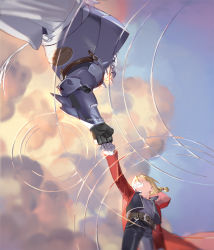 Rule 34 | 2boys, alphonse elric, armor, artist name, bad id, bad pixiv id, blonde hair, braid, brothers, cloud, coat, edward elric, emmmerald, fist bump, full armor, fullmetal alchemist, gloves, multiple boys, red coat, reflecting pool, reflection, reflective water, siblings, sky, smile, text focus, twitter username, upside-down, water