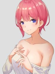 Rule 34 | 1girl, bad id, bad pixiv id, bare shoulders, blue eyes, blush, breasts, cleavage, closed mouth, collarbone, commentary request, go-toubun no hanayome, grey background, hand on own chest, highres, long sleeves, medium breasts, nakano ichika, off-shoulder shirt, off shoulder, pink hair, shirt, short hair, simple background, smile, solo, upper body, white shirt, yonkumi (gatling033)