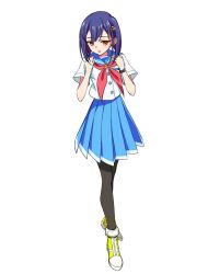 Rule 34 | 1girl, black pantyhose, blue hair, female focus, flip flappers, full body, hair ornament, hairclip, kokomine cocona, looking at viewer, pantyhose, pleated skirt, red neckwear, red ribbon, ribbon, sailor collar, school uniform, serafuku, shoes, short hair, simple background, skirt, solo, standing, takano suzu, watch, white background, wristwatch, yellow eyes