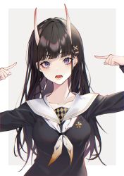 Rule 34 | 1girl, absurdres, azur lane, black hair, blunt bangs, breasts, brown neckerchief, collarbone, commentary request, eyelashes, flower, grey background, hair ornament, hairclip, hands up, highres, horns, kabi (zcwd8845), long hair, long sleeves, looking at viewer, medium breasts, neckerchief, noshiro (azur lane), oni horns, open mouth, outside border, pointing, pointing at self, purple eyes, school uniform, serafuku, solo, two-tone neckwear, upper body, white neckerchief, x hair ornament