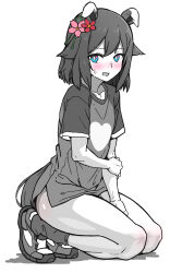 Rule 34 | 1girl, alternate costume, animal ears, blue eyes, blush, commentary request, ear covers, ear ornament, ears down, flipped hair, greyscale, hair flaps, highres, horse ears, horse girl, horse tail, kneeling, monochrome, on ground, sakura chiyono o (umamusume), shirt, shoes, simple background, smile, sneakers, socks, solo, sweat, tail, umamusume, white background, yaki apple
