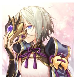 Rule 34 | 1boy, blue eyes, fake horns, fate/grand order, fate (series), fingerless gloves, fukowindy, prince of lan ling (fate), gloves, highres, horned headwear, horns, looking at viewer, macoronfu, male focus, mask, short hair, silver hair, solo