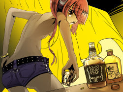 Rule 34 | 1girl, alcohol, back, blunt bangs, bottle, bracelet, breasts, brown eyes, cat, from behind, glass, headphones, jewelry, kanipanda, nekomura iroha, pink hair, ponytail, short shorts, shorts, small breasts, solo, topless, underboob, vocaloid, whiskey